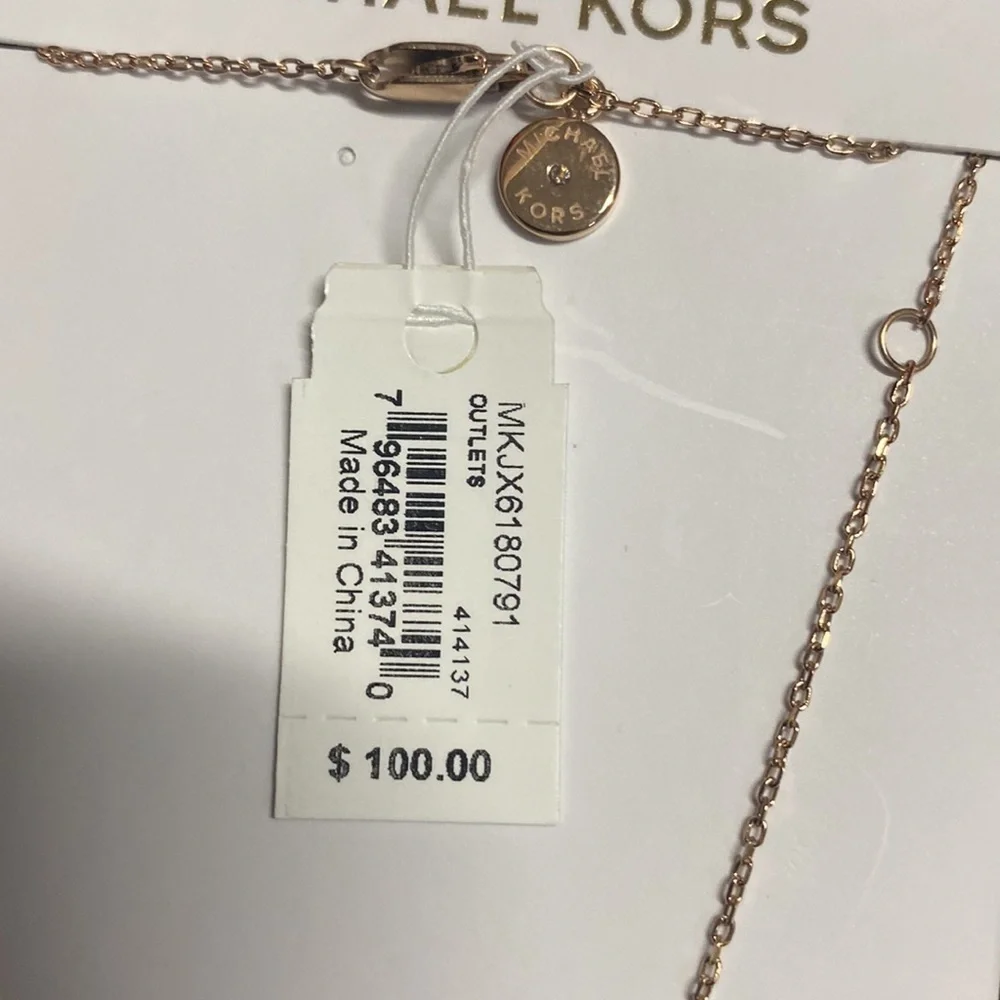 Michael Kors Rose Gold Crystal Halo Disc Pendant Necklace 18” Logo Charm